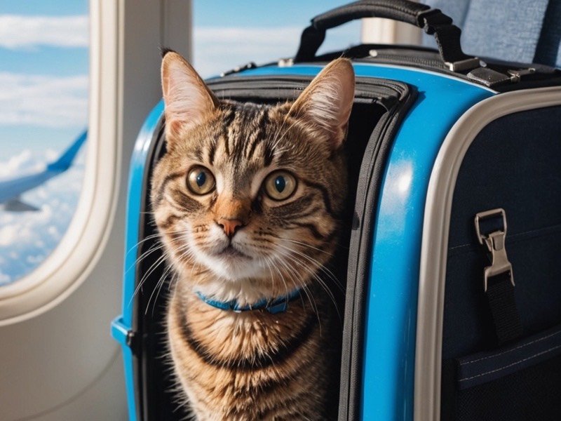 Gato en su guacal sobre el asiento del avión