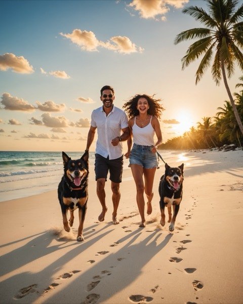 Pareja corriendo con sus dos perros por la playa al atardecer