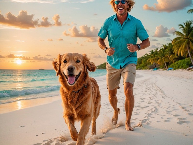 Hombre corriendo por la playa junto a su perro