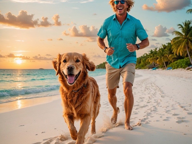 Hombre corriendo por la playa junto a su perro