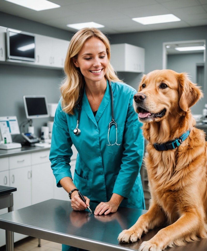 Veterinaria revisando a un golden retriever
